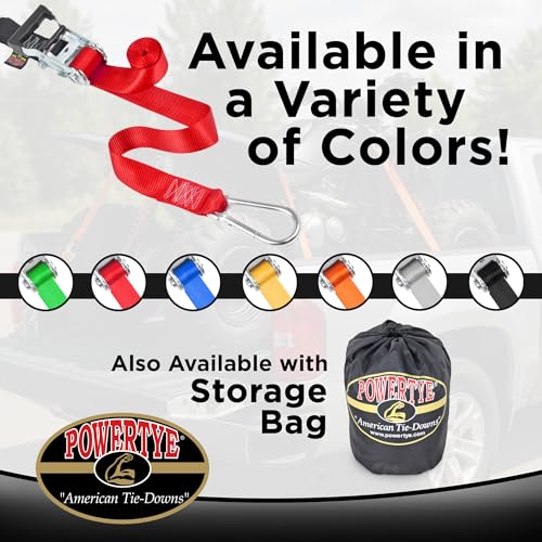 PowerTye 1.5in x 6.5ft Heavy Duty Ratchet Tie-Down Straps with Soft-Tye and Carabiner Hooks - 1,000 lb Working Load Limit / 3,000 lb Breaking Strength - Made in USA - Red/Black Pair - color: Red, size: 6.5 ft
