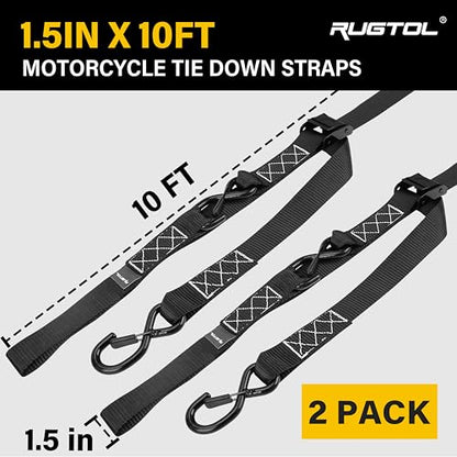 Rugtol Motorcycle Tie Down Straps, 1.5in x 10FT Cam Buckle Straps with S Hooks Integrated Soft Loops, 1560lb Break Strength Heavy Duty Dirt Bike Straps for Securing Motorbikes, Kayak, Cargo 2 Pack