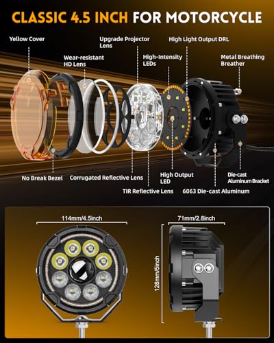 BraveWAY Motorcycle Auxiliary LED Light 4.5IN 120W White/Yellow Fog Lights with DRL Auxiliary Driving Spotlights Ditch Lights Pod with Amber Covers Mount Brackets for Motorcycle Truck Off-road ATV UTV - size: 4.5INCH-9-C