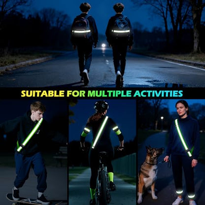 Reflective Walking Gear at Night, High Visibility Safety Reflective Sash Belt and 2-Pack Armband Set, Night Running Safety Gear for Women Men Kids - color: Green