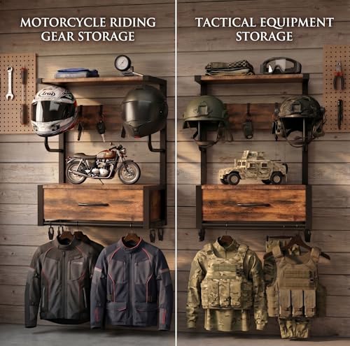 Motorcycle Helmet Holder Wall Mounted with 4 J-hooks& 4 Clip Hooks, Motorcycle Helmet Rack with Drawer for 2 Helmets & Riding Suits, Hanging Protective Gear Shelf for Entryway or Garage