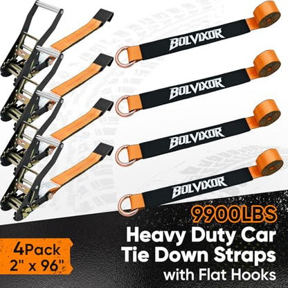 4 Pack Car Tie Down Straps for Trailers - 2" x 96" - 9900LBS Break Strength - Heavy Duty Tire Ratchet Straps with Flat Hooks for Hauling UTV, SUV, Truck, Any Cars - color: Orange