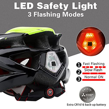 Bike Helmet Men Women, Shinmax Bicycle Helmet with Rear Light and Detachable Visor - color: Black/Green, size: Large (57-62 cm)