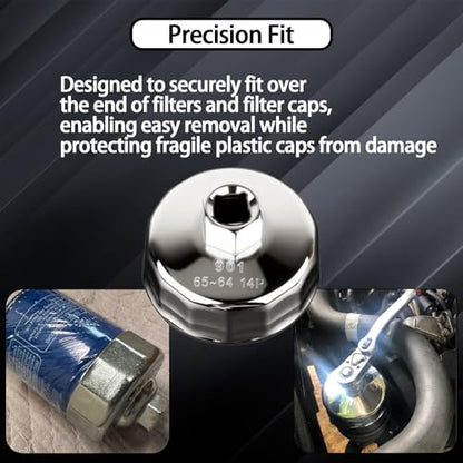 64-65mm Oil Filter Wrench, 14 Flute Wrench & 1/2Inch Square Drive Flute Oil Filter Removal Tool, Compatible with 57356, 15400-PLM-A02 Oil Filter - size: 64-65mm 14 Flute