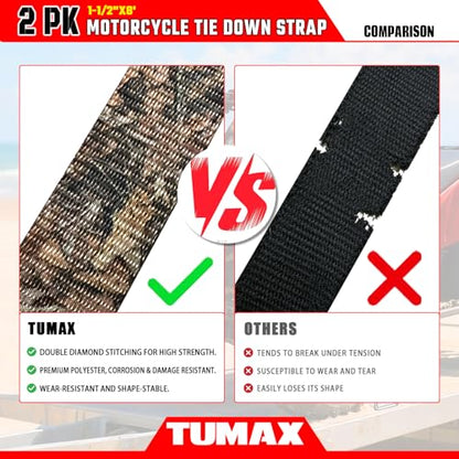 2 Pack Tie Down Straps with Cam Buckle - 2500lbs Break Strength, 1.5 Inch x 8 Feet Heavy Duty Camouflage Cargo Straps with Secure S-Hooks Latch, for Motorcycle, ATV, UTV, Dirt Bike and Trailer - color: Camouflage