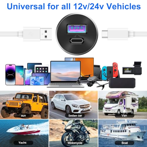 Mini 12V USB Outlet Aluminum Car Charger with PD30W and QC 18W Ports, 22mm Diameter Flush-Mounted Pre-Wired Cigarette Lighter Replacement Charger Socket for Car Boat RV Truck Motorcycle, etc.