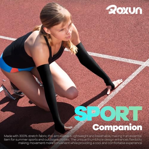 ROXUN Arm Sleeves with Thumb Hole, Cooling UV Sun Protection Compression Tattoo Cover Up for Men/Women - color: 4 Pairs - Black+white+dark Gray+red