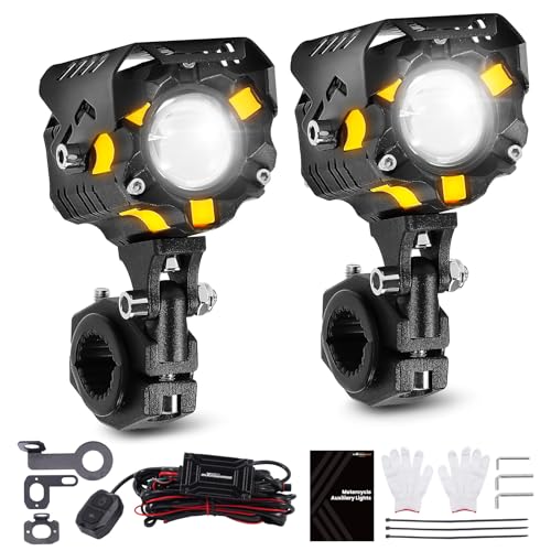 maXpeedingrods 2X Motorcycle Auxiliary Lights with High Low Beam, 10000LM White Amber Driving Fog Lights with DRL 5 Modes, IP67 Waterproof LED Spotlights for Motorcycle, ATV, UTV, Pickup, SUV, Truck - size: 2.4in