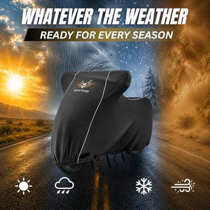 600D Heavy Duty Motorcycle Cover Waterproof Outdoor for Sport & Naked Motorcycles, All-Season Weatherproof Protection with Air Vents, Wheel Lock Slots, Exhaust Heat Shield & Reflective Strips - size: Large (90X35X52)