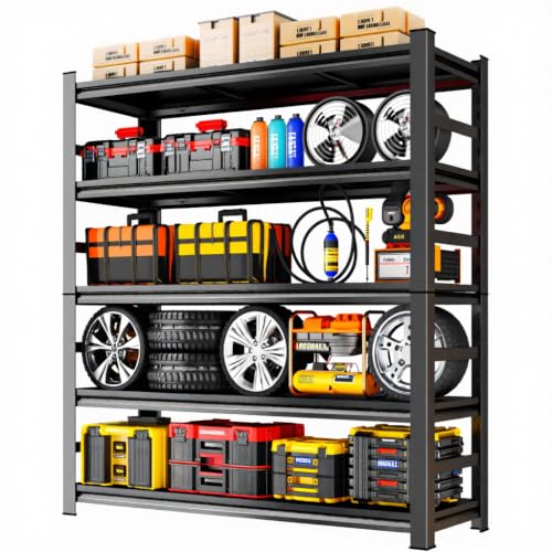 Heavy Duty Garage Shelving with Fence, 5-Tier Garage Storage Shelves, Adjustable Metal Shelving Unit, Steel Storage Rack for Garage Warehouse, Black, 35" W x 16" D x 71" H - size: Fence-5TIER-35"W X 16"D X 71"H