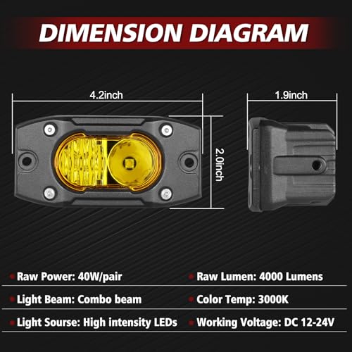 Yellow LED Pods Flush Mount Spot Flood Light 2PCS 4 Inch Bumper Driving Fog Lights Reverse Backup Work Lights Flush Off Road Light Bar for Truck Pickup UTV ATV Boat 4x4 - color: Yellow Flush