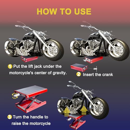 Motorcycle Lift Scissor Jack, Motorbike Jack with 1100lb Capacity Wide Deck Motorcycle Center Stand, Steel Scissor Jack for Street Bikes, Cruiser Bikes, Touring Motorcycles, Red