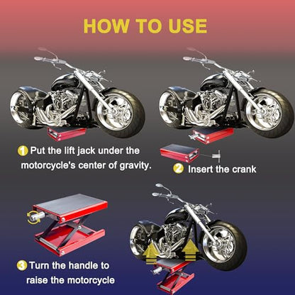 Motorcycle Lift Scissor Jack, Motorbike Jack with 1100lb Capacity Wide Deck Motorcycle Center Stand, Steel Scissor Jack for Street Bikes, Cruiser Bikes, Touring Motorcycles, Red