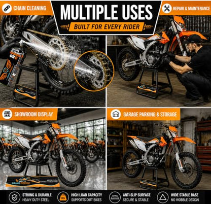 GRAND PITSTOP Heavy Duty Motorcycle Stand - Universal Dirt Bike Maintenance Stand, Powder Coated Steel, Non-Slip Off-Road MX Stand (Black)