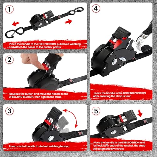 Retractable Ratchet Straps 4 Pack, 1500LBS Break Strength Self Retracting Tie Down Straps, 1" x 12' Auto Ratchet Straps for Motorcycle, Kayak and Trucks, Black - color: Black