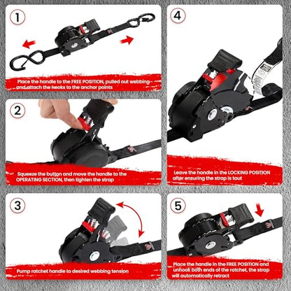 Retractable Ratchet Straps 4 Pack, 1500LBS Break Strength Self Retracting Tie Down Straps, 1" x 12' Auto Ratchet Straps for Motorcycle, Kayak and Trucks, Black - color: Black