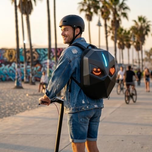 Motorcycle Helmet Backpack, Expandable Hard Shell LED Backpack with Programmable Screen, Water-Resistant Riding Bag & Laptop Daypack for Men, App Controlled DIY Display for Night Safety