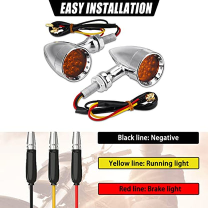 DREAMIZER 2pcs Chrome Bullet 15 LEDs Motorcycle Turn Signal Lights Front and Rear Indicator Lamps Compatible with Harley Honda Yamaha Cruiser Softail Sportster StreetBike Chopper Bobber (Amber lens) - color: Chrome#1