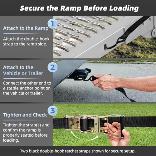 Folding Motorcycle Loading Ramp for Pickup Truck & Trailer, 485 lb Steel Ramp with 2 Dual-Hook Ratchet Straps, Carry Handle and Locking Latch, Dirt Bike Ramp, 72.7" x 8.9", 1 Pack - size: Perforated Surface - 1 Pack - 485 lb