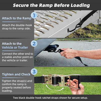 Folding Motorcycle Loading Ramp for Pickup Truck & Trailer, 485 lb Steel Ramp with 2 Dual-Hook Ratchet Straps, Carry Handle and Locking Latch, Dirt Bike Ramp, 72.7" x 8.9", 1 Pack - size: Perforated Surface - 1 Pack - 485 lb
