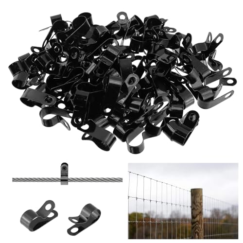 Antrader Fence Wire Clamps, 100Pcs R-Type Agricultural Fencing Mounting Clips, 12mm/0.47" Cable Management Cord Organizer with Screws to Vinyl, Wood or Metal Fence - color: Black, size: 0.47 Inch