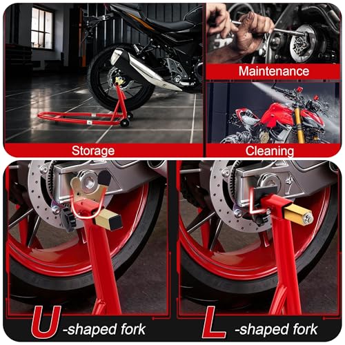 Universal Motorcycle Stand Front Rear Combo, 850 LBS Heavy Duty Wheel Lift Stands with Adjustable Swingarm Spool, Motorcycle Lift fits for Suzuki, Yamaha, Honda, Red - color: Red-2pcs