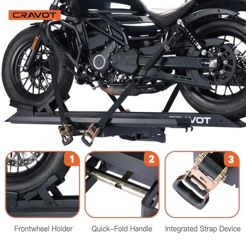 CRAVOT Motorack M1 Max Motorcycle Hitch Carrier with Ramp, 660 lbs Capacity Motorbike Carrier, Foldable Hauler Hitch Mount Rack Anti-Rattle Up to 6-inch Fat Tire 2" Receiver - size: MotorRack M1 Max 660lb