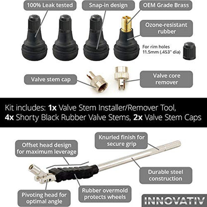 Tire Valve Stem Tool Remover & Installation - 4x Shorty BRASS Core Valve Stems, EASILY REPLACE Your Old Tubeless Valve Stems, 2x Valve Core Remover Caps, Removal & Installer Replacement Kit, OEM Grade