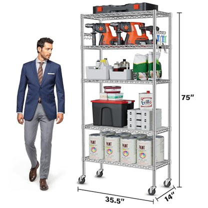 YNN Storage Shelves,1750Lbs 5 Tier Heavy Duty Metal Rolling Shelving Unit with Wheels & 8 Hooks, Adjustable Garage Wire Rack for Kitchen, Bathroom,Industrial,Pantry(36" W x 14" D x 72" H, Chrome) - size: 36"x14"x72" 5-Tier