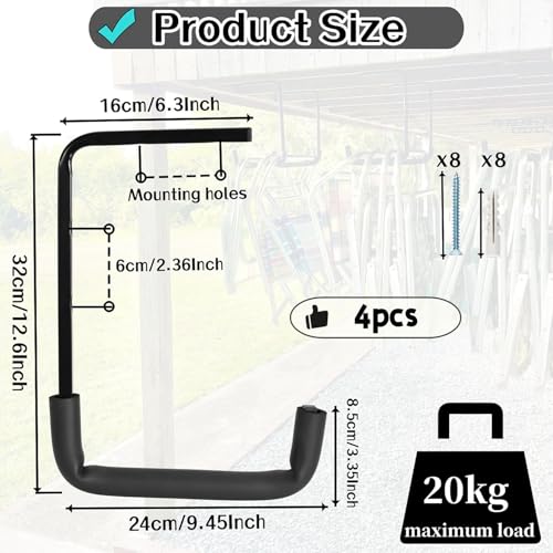 4pcs Ceiling Mounted Garage Hooks, Overhead Garage Storage Rack, Utility Ladder Hangers for Lumber Bike Tools (9.45 x 12.6 Inch) - size: 9inch