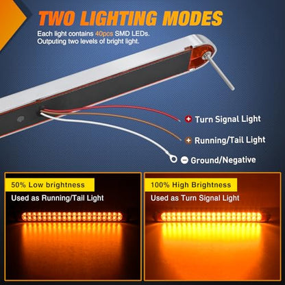 Nilight LED Tail Light 2PCS 17 Inch 40LED Amber Running Tail Turn Signals Lights w/Chrome Bezel Waterproof Surface Mount for 12V Towing Trailer Truck RV Camper Boat - color: 2Pcs 17" Amber 40LED w/chrome bezel