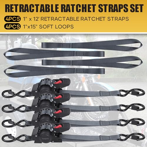 Ayaport Retractable Ratchet Straps 1in X 12ft(4PK)-1500lb Break Strength, Heavy Duty Ratchet Straps Self Retractable Tie Downs with Soft Loops for Motorcycle, Dirt Bike, Cargo, Truck Accessories - size: 1"x12'-4pc