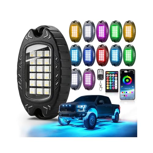 12Pods Heavy Duty Aluminum RGBW LED Rock Lights Kit for Trucks Pickup Jeep UTV ATV SXS Off-Road, APP/RF Remote, Plug and Play&Pre Wired IP67 Waterproof Multicolor Dual Zone 12V Underglow Accent Lights - color: RGBW 18LEDs, size: 12Pods