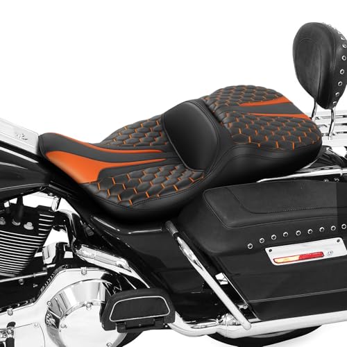 SLMOTO Driver Passenger Seat Cushion Fit For Harley Touring Electra Glide Ultra Classic Standard FLHTC 1997-2007 Black Orange - style: Orange and Black