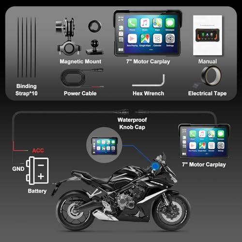 YZW Portable 7 inch Wireless Motorcycle Carplay GPS Screen with Android Auto, Navigation System Quick Release, Anti-thef, Bluetooth, Siri, Google Asistant, Light Sensor, Music Sharing,Vioce Control - size: 7Inch Screen+Mounting Bracket