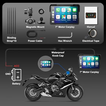 YZW Portable 7 inch Wireless Motorcycle Carplay GPS Screen with Android Auto, Navigation System Quick Release, Anti-thef, Bluetooth, Siri, Google Asistant, Light Sensor, Music Sharing,Vioce Control - size: 7Inch Screen+Mounting Bracket