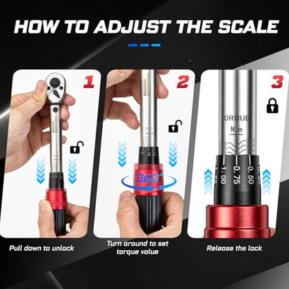 GEINXURN 1/4 In. Drive Click Torque Wrench Set, 20-240 IN.LB Dual-Direction Bike Maintenance Kit，66Pcs with Universal Socket, Screwdriver Bits for Bicycle, Car, Moto - style: GX-TW0104RS66-US