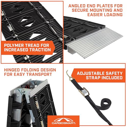 CargoSmart LED Hybrid S-Curve Centerfold Loading Ramp, 1 Pack — 1,500lb Per Pair Capacity, 12” W x 90” L — Aluminum Ramp with Built-in LED Lights, Load/Unload Lawn Equipment, Motorcycles, ATVs & More - style: 1 Folding S-Curve Ramp & LED Lights