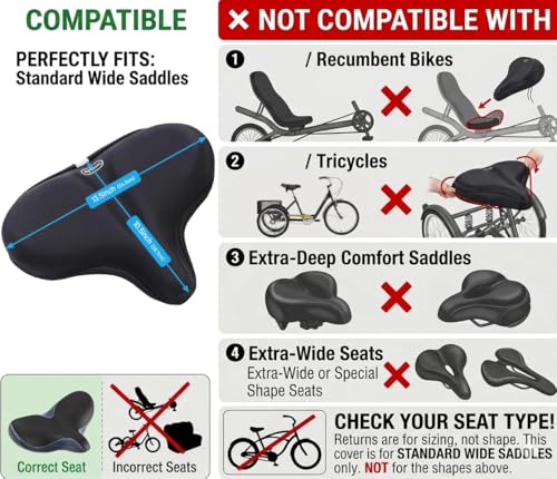 Wide Bike Seat Cover – 13.5” x 10.5” Gel Padded Bicycle Cushion for YLG Saddle – Anti-Slip, Medium Firm Support for Indoor & Outdoor Riding