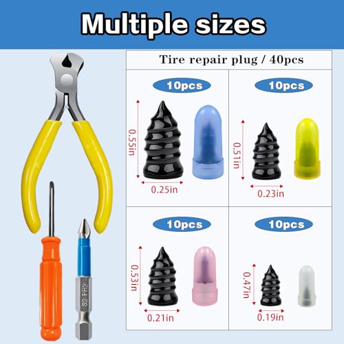 40Pcs Tire Repair Rubber Nails Kit with 4 Sizes, Screw in Tire Repair Plugs, Vacuum Tire Repair Rubber Nail, Tire Rubber Nails Tool, Fast Self-Service Tire Repair Tools for Car, Truck, Motorcycle