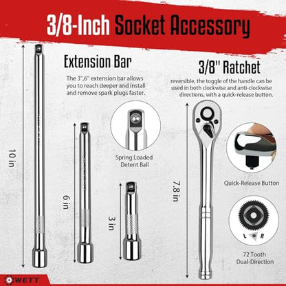 WETT 12Pcs Spark Plug Socket Set, 3/8" Drive Ratchet Handle with Mirror Polished Sockets, Spark Plug Gapper, Universal Joint and Extension Bar, Spark Plug Removal Tool with Rubber Retaining Ring