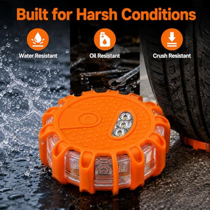 Huyumpxy LED Road Flares Emergency Lights, 9 Flashing Modes Roadside Safety Warning Light with Magnetic Base & Built-in Hook, Battery Powered Safety Beacon for Car, Truck, Motorcycle, Camping, 1 Pack