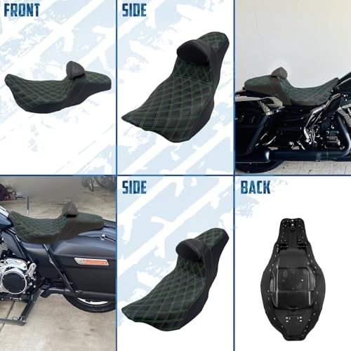 One-Piece Driver Passenger Seat Motorcycle 2-up Seat With Driver Backrest Cushion Pad Fit for Harley Touring Electra Glide Road King Road Glide Street Glide 2009-2023 (Green Stitching) - color: Green Stitching w/Driver Backrest