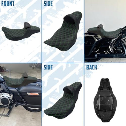 One-Piece Driver Passenger Seat Motorcycle 2-up Seat With Driver Backrest Cushion Pad Fit for Harley Touring Electra Glide Road King Road Glide Street Glide 2009-2023 (Green Stitching) - color: Green Stitching w/Driver Backrest
