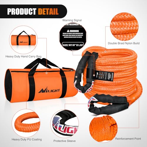 Nilight Kinetic Recovery Rope 28,600LBS 7/8" x 20ft Snatch Strap Heavy Duty Offroad Towing Strap Kit Vehicle Recovery kit for UTV ATV SUV Truck Car Jeep Tractor - color: 7/8in x 20ft Rope