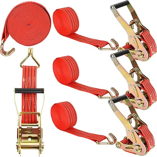 4 Pack Ratchet Tie Down Straps, 2 Inch x 20 Feet, 10,000 lbs Break Strength, Heavy Duty Cargo Lashing Straps with Double J Hooks for Trailer, Truck, and Farm Equipment, Red - color: Red, size: 4 pack 2 inch x 20 ft