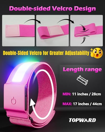 Topward LED Armband 2 Pack, Light up Reflective Arm Bands Glow Bracelets, Running Lights for Runners Dog Walking - 5 Colors 11 Light Modes - Adjustable Velcro - Rechargeable - color: Pink