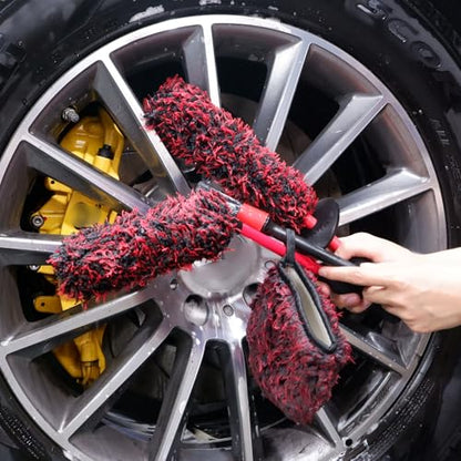 oesee Metal Free Microfiber Wheel Brush Kit- Microfiber Angled Wheel Brush, Long Handle Wheel Brush, Tire& Detailing Brush, Wheel Wash Mitt. Hands-On Wheel Detailing Kit for Daily Wheel Cleaning - color: 5 Pack (Red & Black)