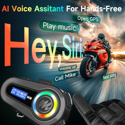Moman Motorcycle Helmet Headsets Speaker, Hands‑Free Hi-Fi Speakers Dual Noise Cancellation with Loud Sound, Voice Assistant IPX6 Waterproof with RGB FM Radio for All Helmets and Solo Riding (H4M) - style: H4M