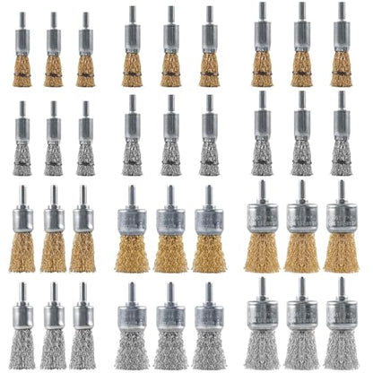 Rocaris 36 Pcs Wire End Brush for Drill with 1/4-Inch Shank, 6 Sizes Brass Coated & Carbon Steel Wire Drill Brush Set for Removal of Rust Corrosion Paint